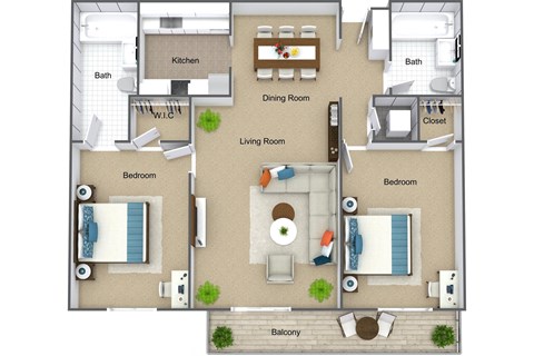 Floor plan for 2 beds, 2 baths, 1000 sqft